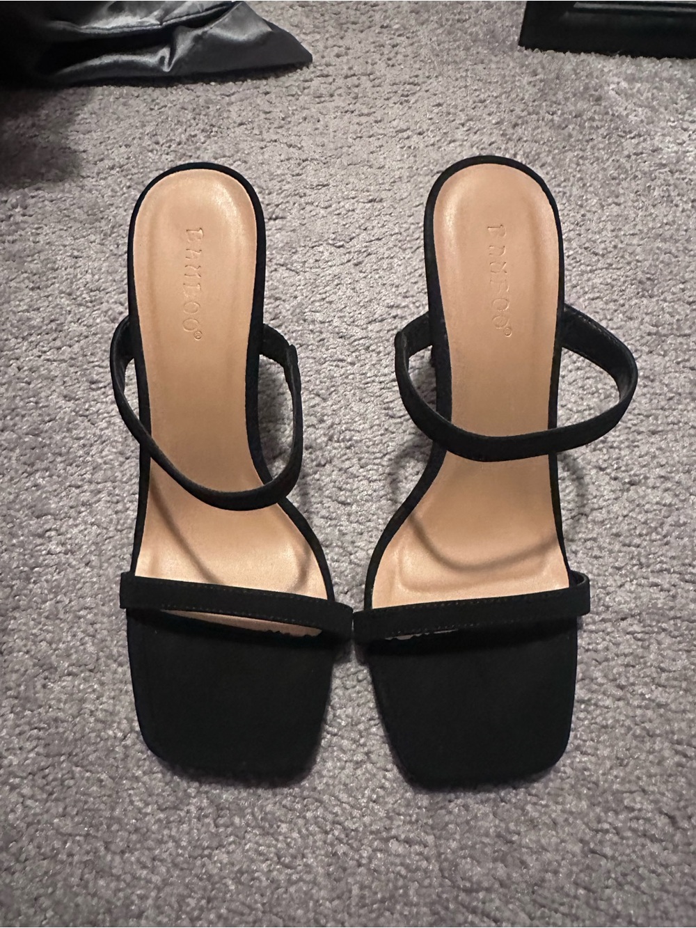 BAMBOO Black Double-Strap Square-Toe Heeled Sandals